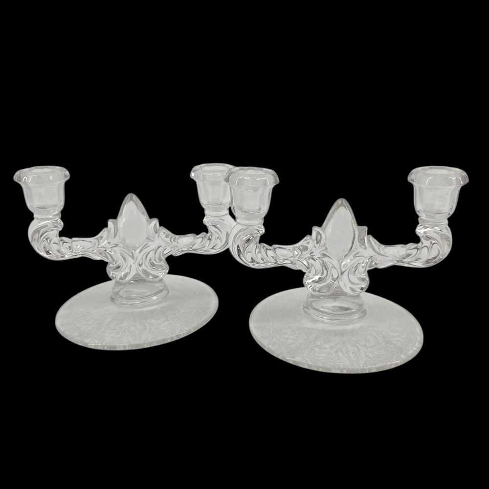 Fostoria Baroque Chintz Etched Glass 2-Light Candelabra Pair Clear Vintage Set